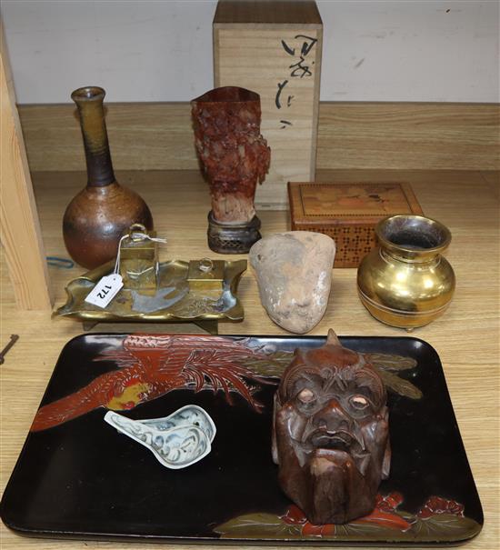 A quantity of Japanese and other collectables including lacquer tray, puzzle box and metalwares, etc.